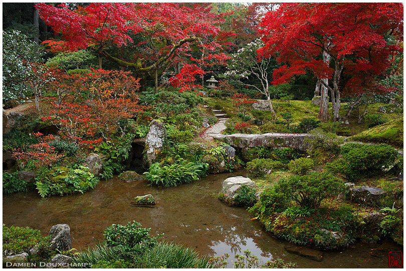 Autumn colors around a small pond garden in the Shugaku-in imperial villa, Kyoto, Japan
