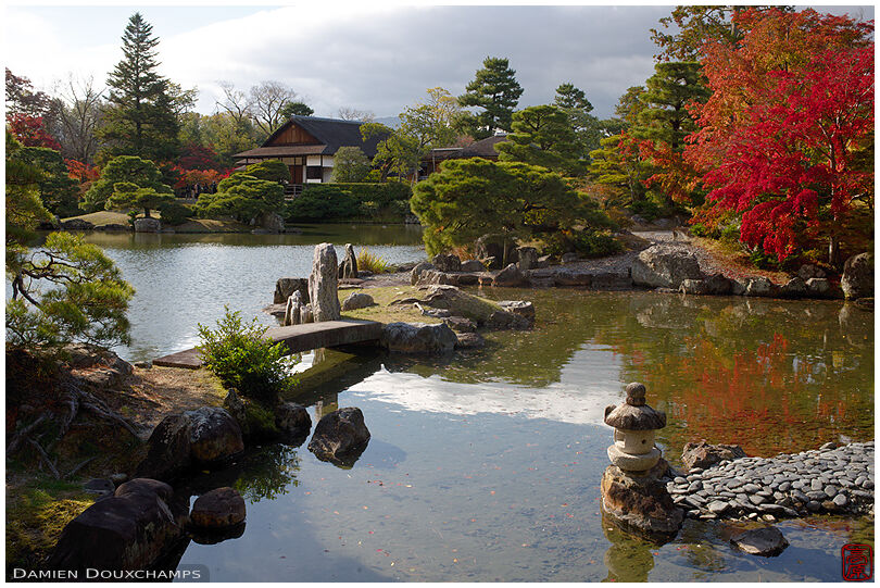 Katsura imperial villa large pond with autumn foliage, Kyoto, Japan