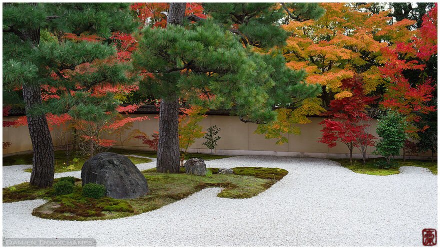 Autumn colours surrounding the modern rock garden of Rozan-ji temple, Kyoto, Japan