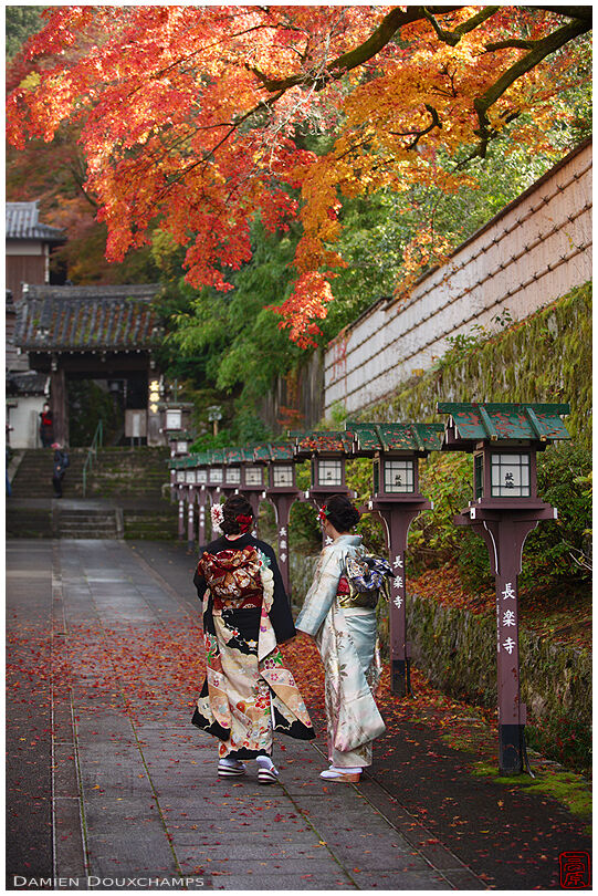 Tow ladies in kimono on the entrance path to Choraku-ji temple, Kyoto, Japan