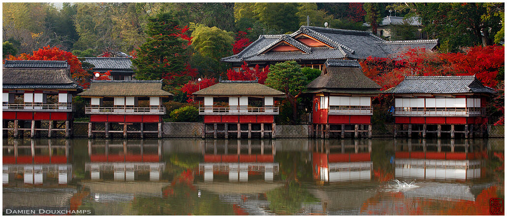 Red autumn foliage and cute traditional pavilions reflecting on the pond of Nagaoka-tenmangu shrine, Kyoto, Japan