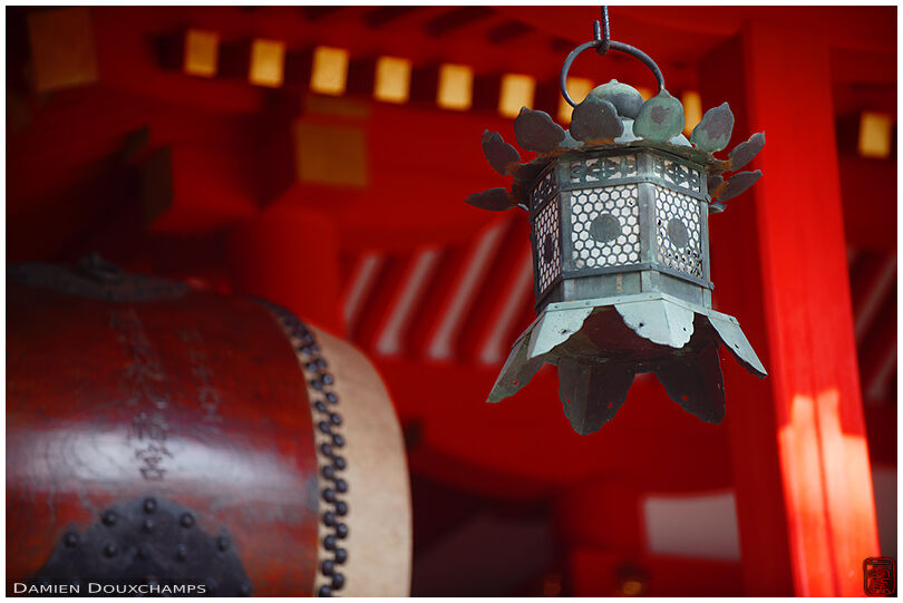 Metal lantern and drum in Iwashimizu Hachiman-gu shrine, Kyoto, Japan
