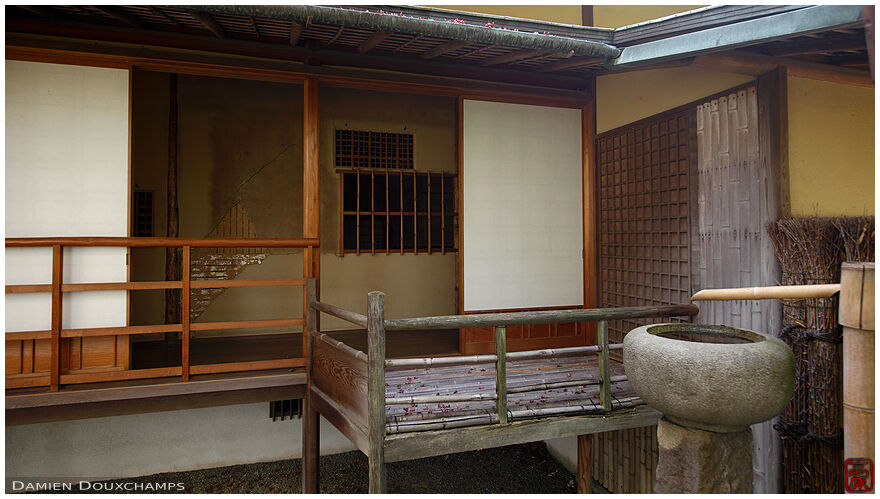 Tsukubai water basin just outside a tea house of Shoka-do garden, Kyoto, Japan