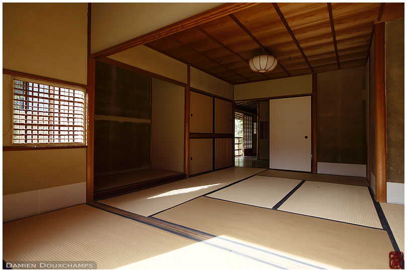 Tea room in the sukiya architecture style in the Shokado gardens, Kyoto, Japan