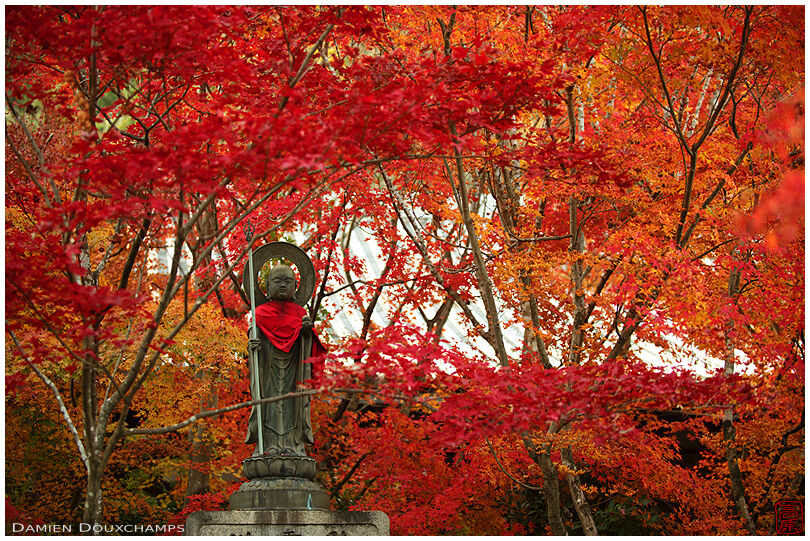 Small statue lost in fiery red autumn foliage, Zenporitsuji temple, Kyoto, Japan