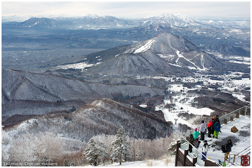 Ryuoo Ski Park overlook with view on snowy mountains, Nagano, Japan