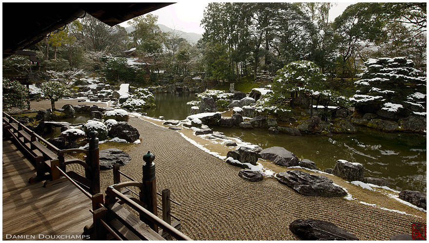A touch of snow in Sanpo-in temple large garden, Kyoto, Japan