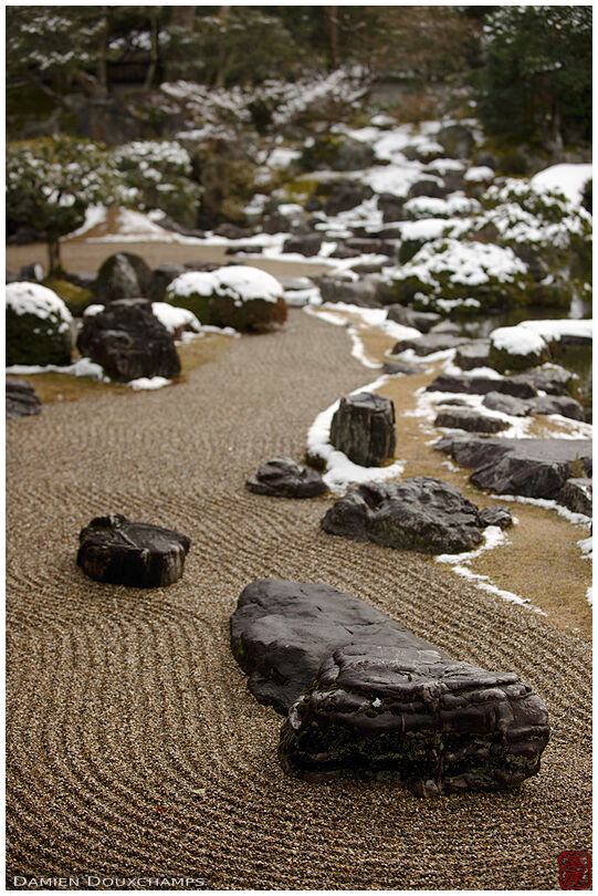 Light snow on the rock garden of Sanpo-in temple, Kyoto, Japan