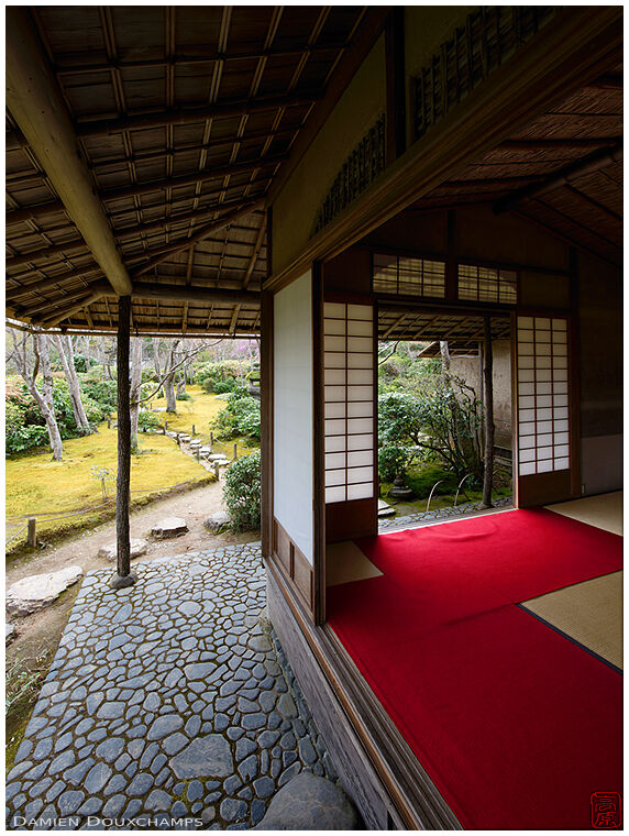 Tea room interior and terrace on Okochi Sanso villa grounds, Kyoto, Japan