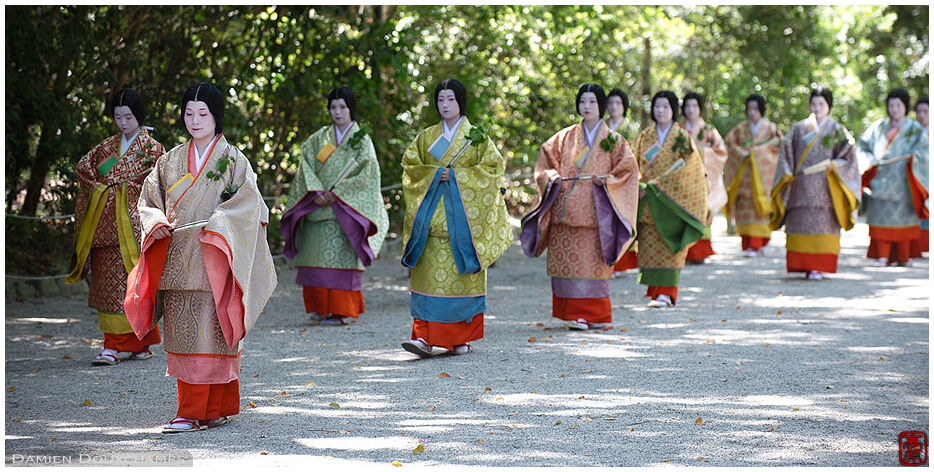 Procession of ladies in kimono during the Aoi festival in Shimogamo shrine, Kyoto, Japan