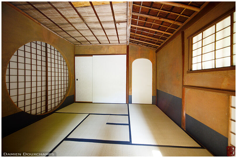 Tea room with large round window in Taima-dera temple, Nara, Japan