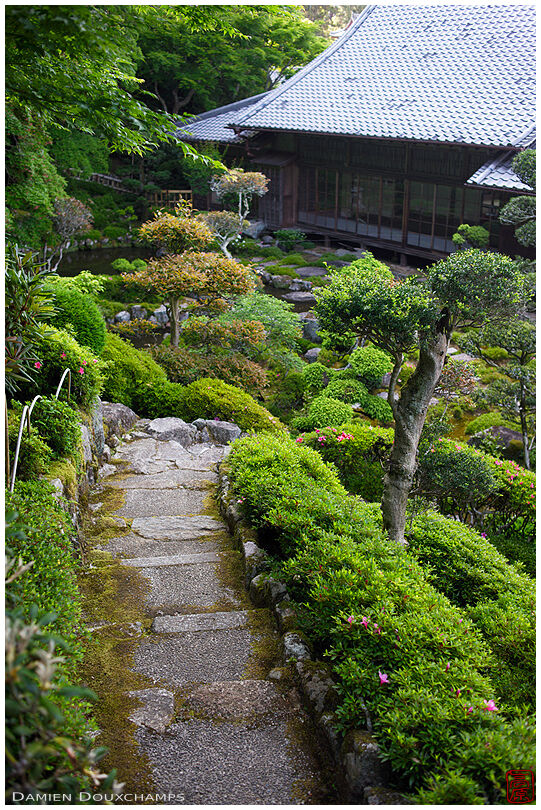 Narrow stairs descending on garden, Taima-dera temple, Nara, Japan