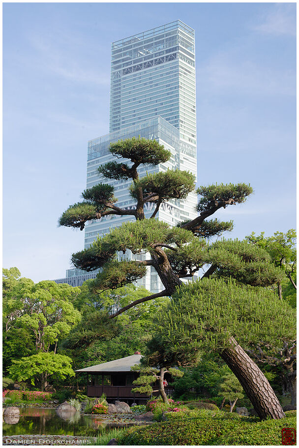 The Harukas tower overlooking the exquisite Keitaku-en gardens in Osaka, Japan