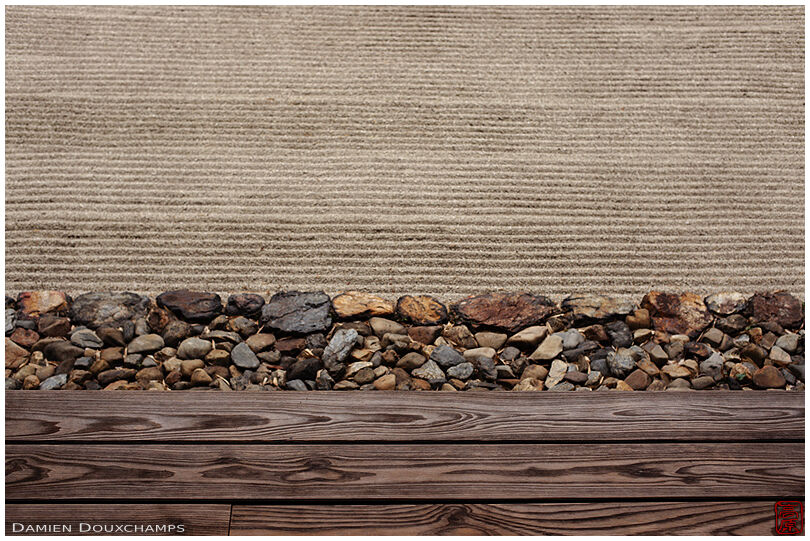 Sand, rock and wood layers of the dry landscape garden of Funda-in temple, Kyoto, Japan