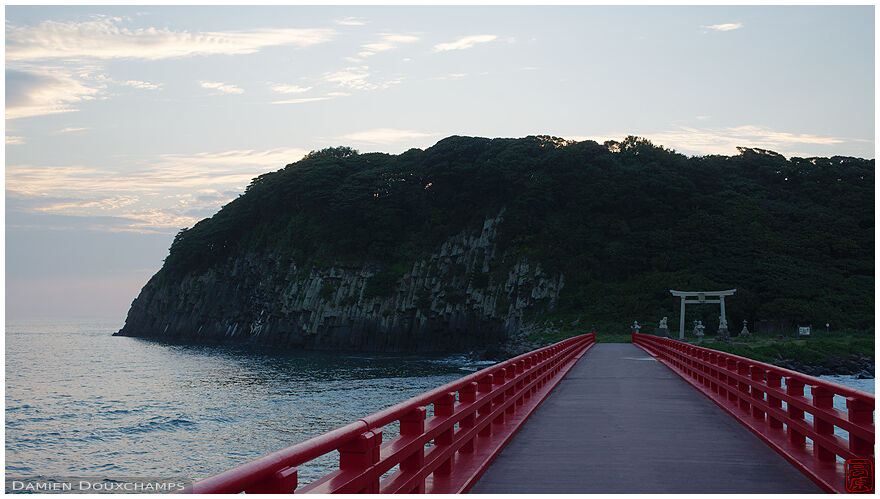 Bridge leading to torii gate on Oshima island, Fukui, Japan