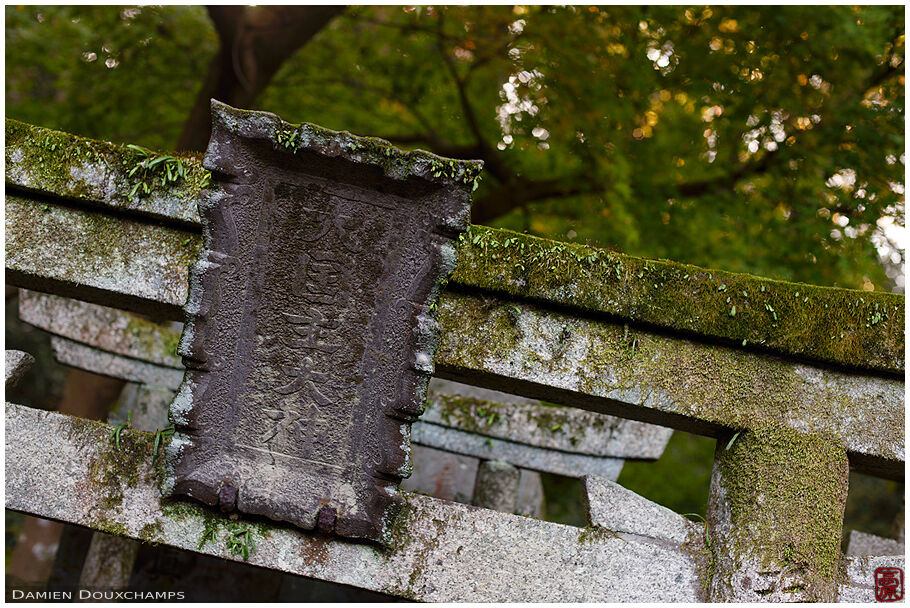 Mossi stone torii gate detail in Goshanotaki shrine, Kyoto, Japan