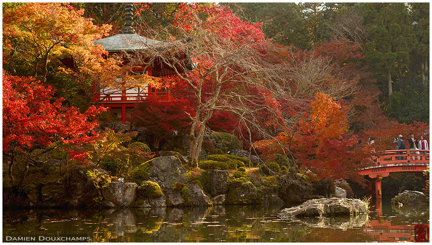 Tourists enjoying autumn colours on the bridge of the Bentendo hall of Daigo-ji temple, Kyoto, Japan