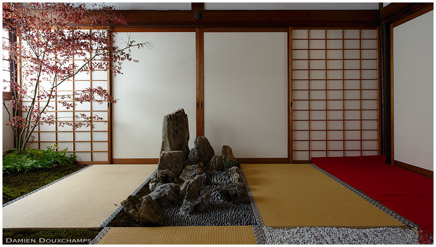 Japanese garden in Japanese room, Myoken-ji temple, Kyoto, Japan