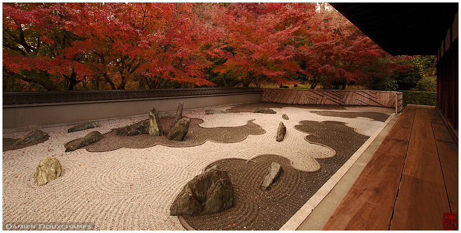 Modern rock garden by famed designer Shigemori Mirei under autumn foliage, Ryogin-an temple, Kyoto, Japan