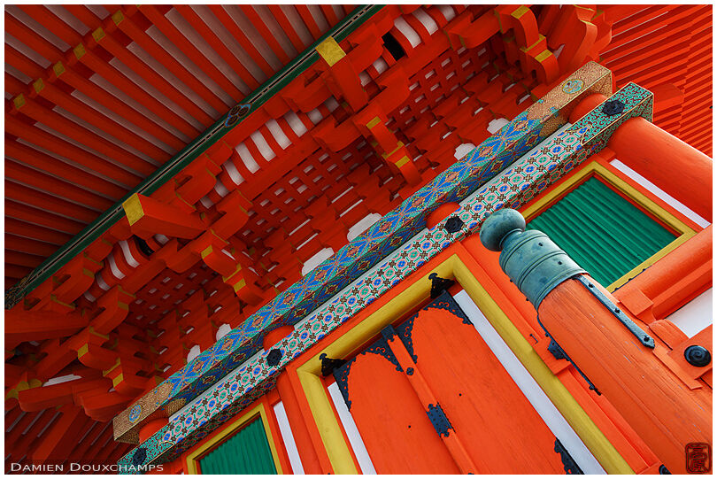 Vivid colors on recently repainted pagoda, Kiyomizu-dera temple, Kyoto, Japan