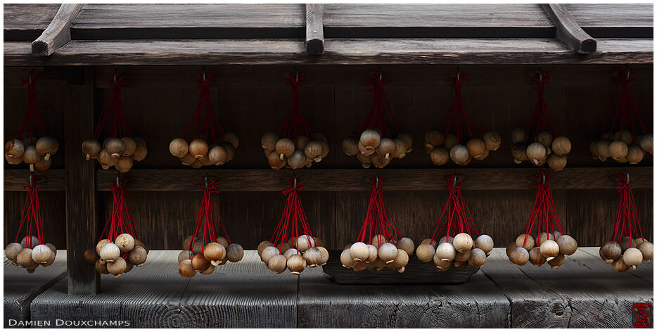 Little round wooden votive offferings fied together with red strings in Oka-dera, Nara, Japan