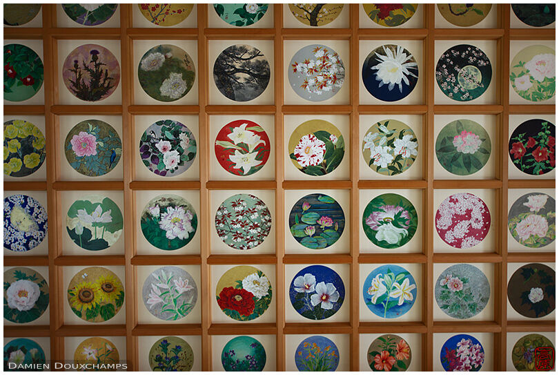 Ceiling decorated with numerous flower paintings in Tachibana-dera temple, Nara, Japan
