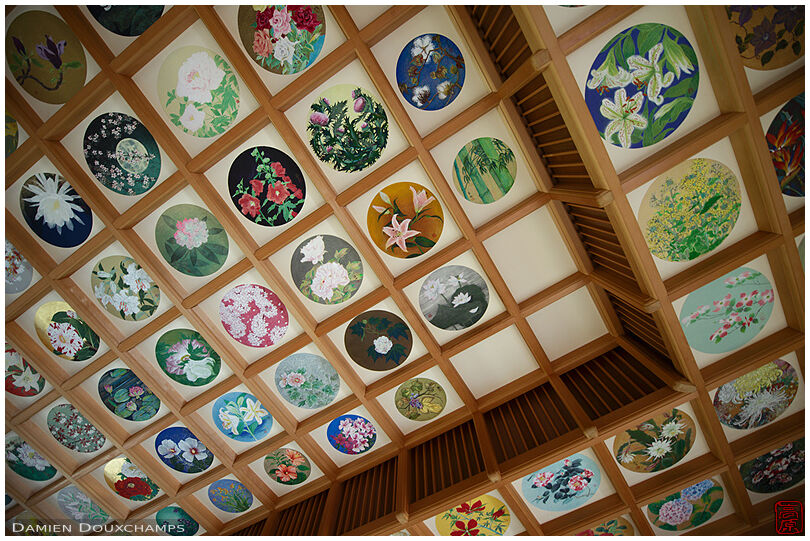 Brightly decorated ceiling with floral paintings in Tachibana-dera temple, Nara, Japan