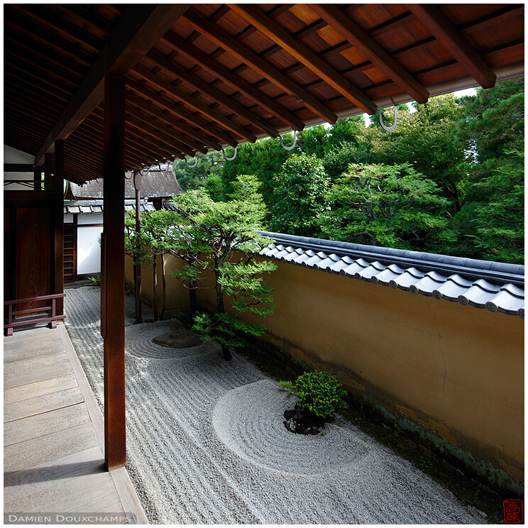 Slim dry landscape garden along the property wall, Ryogen-in temple, Kyoto, Japan