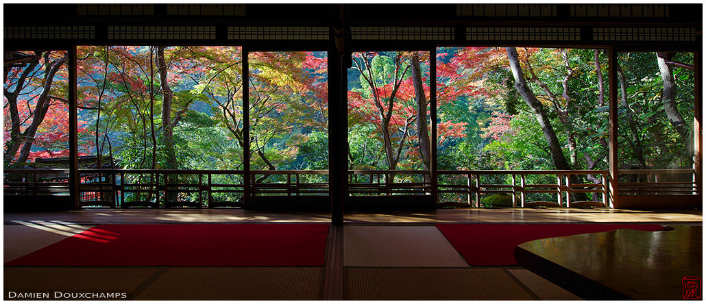 Wide windows with view on early autumn foliage in the Yusa-tei, Kyoto, Japan