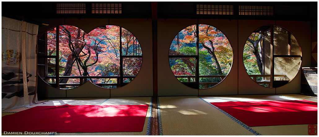 Four round view windows in the main room of Yusa-tei, Kyoto, Japan