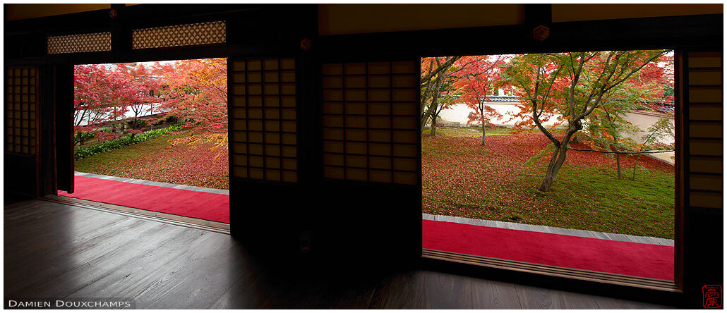 Two wide openings with view on autumn garden, Myokaku-ji temple, Kyoto, Japan