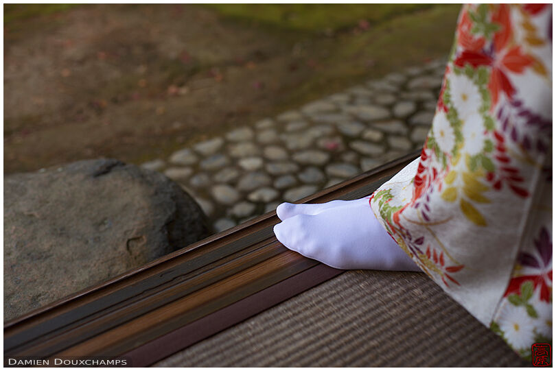 Detail of kimono and sock, Shodensanso, Kyoto, Japan