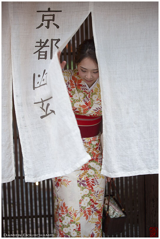 Kimono wearing lady leaving a store near Hokan-ji temple, Kyoto, Japan