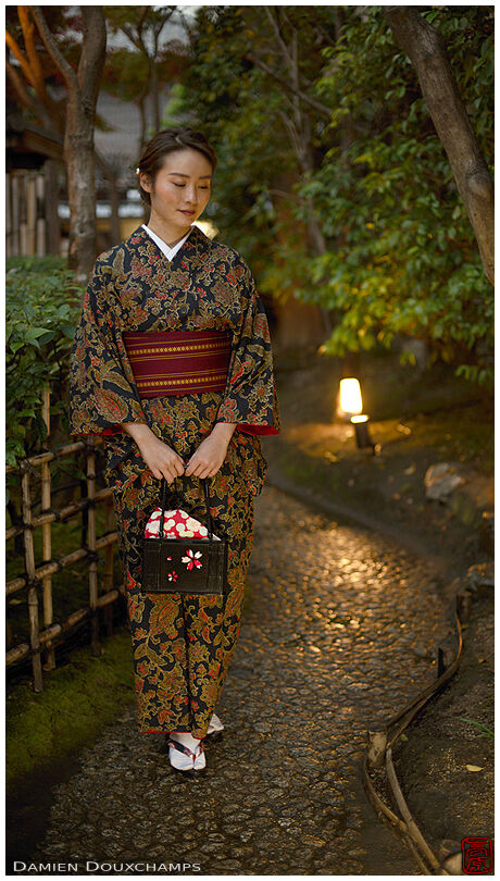 Kimono wearing lady on a discrete side path in the NeNe-michi area of Gion, Kyoto, japan
