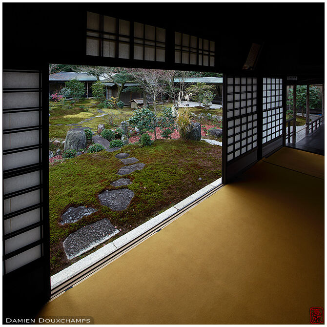 Window on pre-winter garden in Obai-in temple, Kyoto, Japan