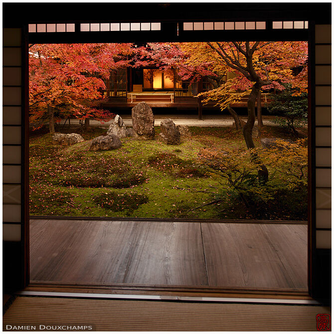 Last light on the inner garden of Kennin-ji in autumn, Kyoto, Japan