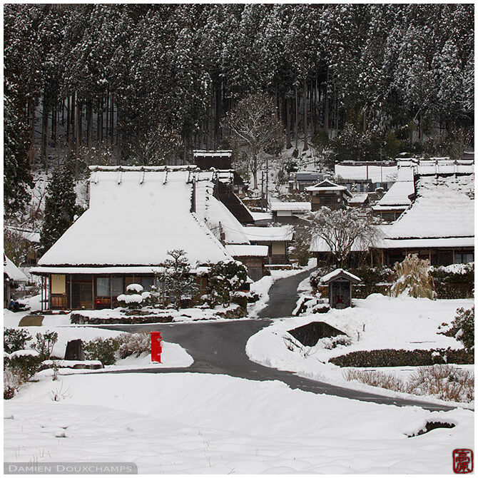 Miyama village and its famous little red post box in winter, Kyoto, Japan