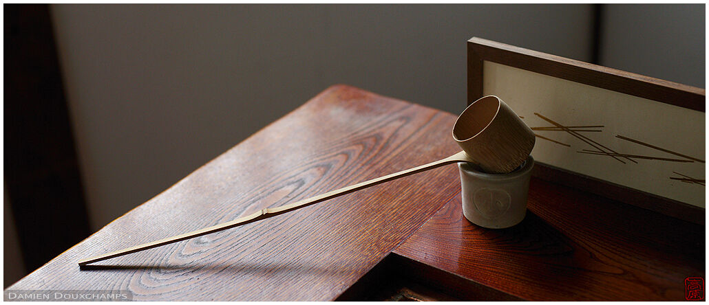 Bamboo ladle perfectly placed before tea ceremony, Komyo-in temple, Kyoto, Japan