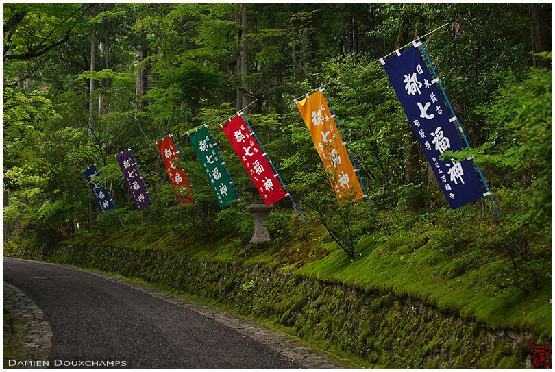 Colored flags in the forest road leading to Sekisanzen-in temple, Kyoto, Japan