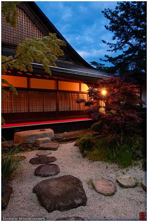 Blue hour on zen garden with stepping stones, Joki-in temple, Koyasan, Japan