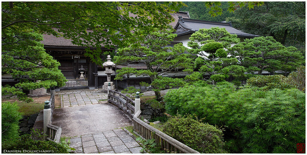 Bridge leading to large temple near the entrance of the Okunoin cemetery, Koyasan, Japan