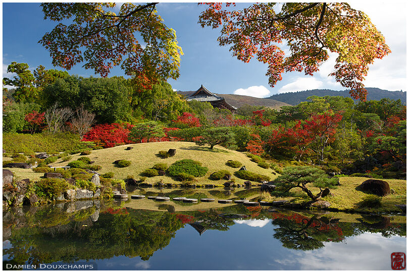 Reflections on Isui-en garden pond in autumn, Nara, Japan