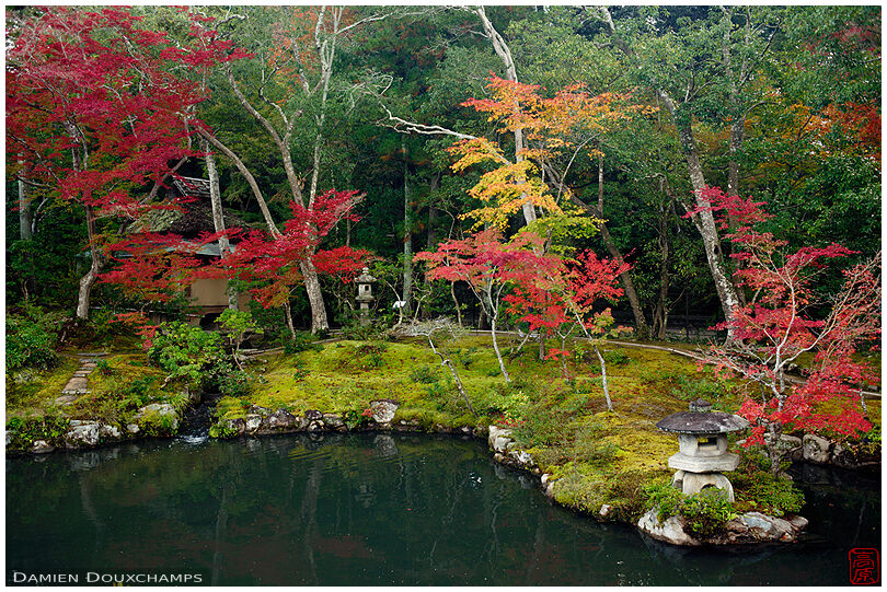 Touches of autumn colours around a pond of the Isui-en garden, Nara, Japan