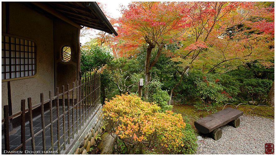 Bench under fall maple foliage, Yoshiki-en garden, Nara, Japan