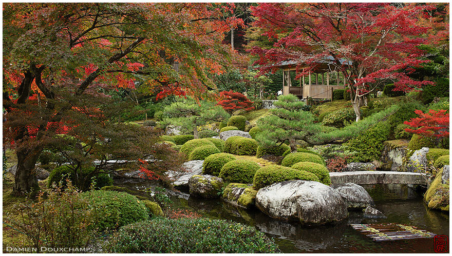 Pond garden with rest pavilion in autumn, Mimuroto-ji temple, Kyoto, Japan