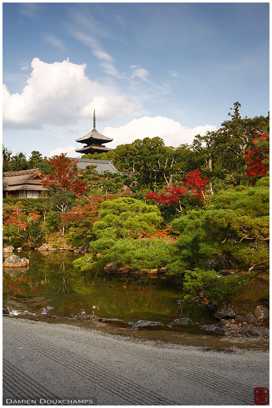 Pagoda overlooking the pond and rock garden of Ninna-ji temple, Kyoto, Japan