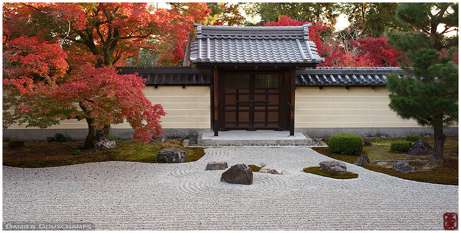 Perfect rock garden with red maple tree in Toji-in temple, Kyoto, Japan