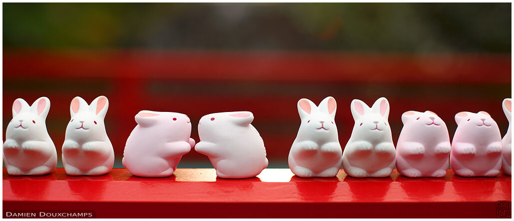Cute little rabbit porcelains as votive offerings in Okazaki shrine, Kyoto, Japan