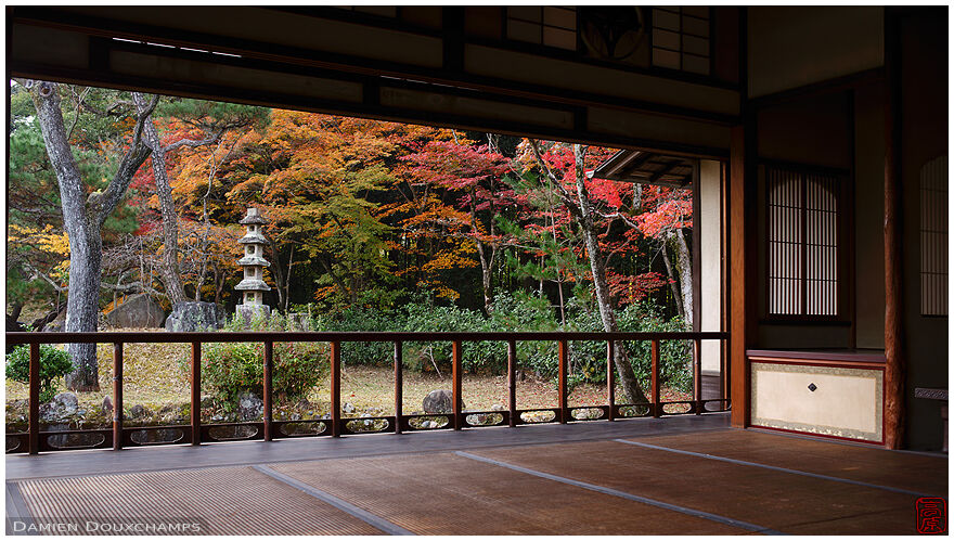 Tea room with view on subtle autumn colours, Shodensan-so, Kyoto, Japan