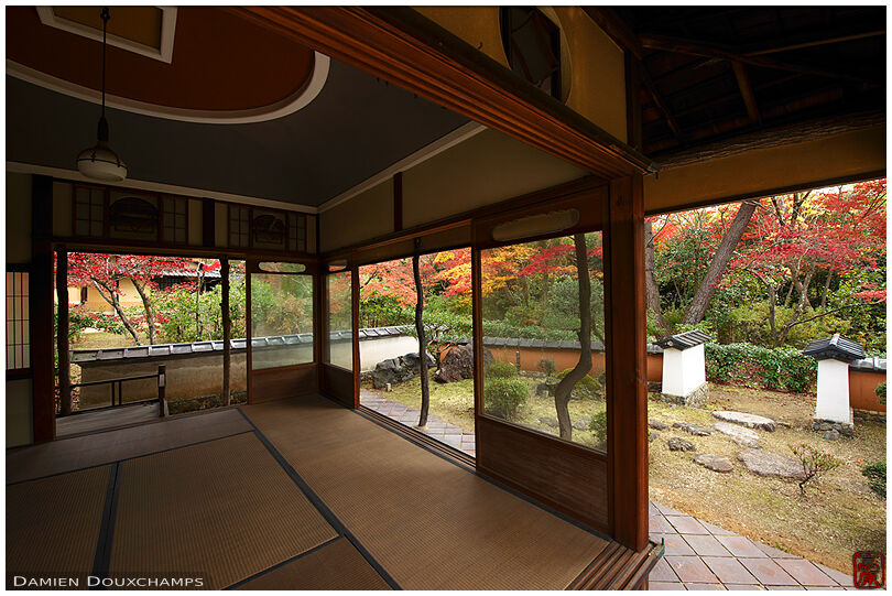 Tea room with view on autumn foliage, Shodensan-so, Kyoto, Japan